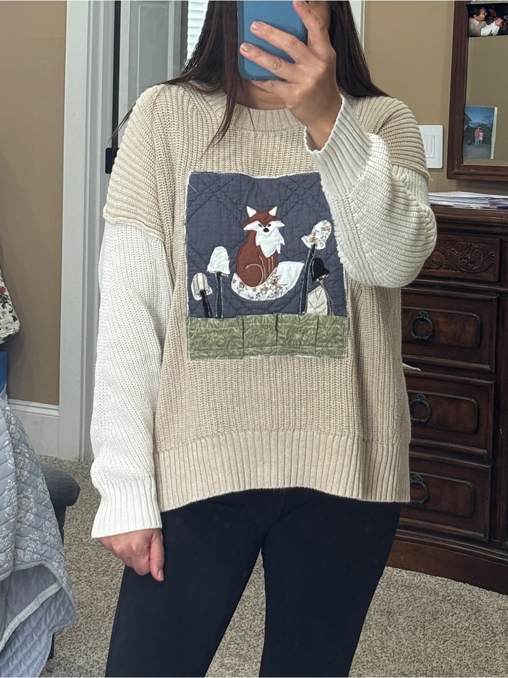 UPCYCLED Fox Mushroom Quilted Sweater. Fairycore cottagecore woodland size small
